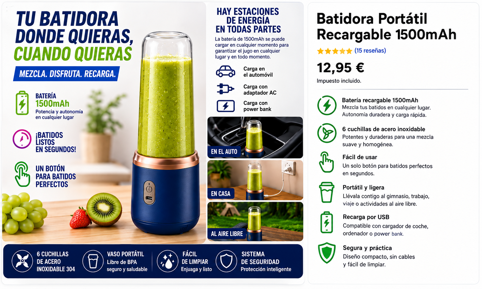 Batidora Portátil Recargable 1500mAh